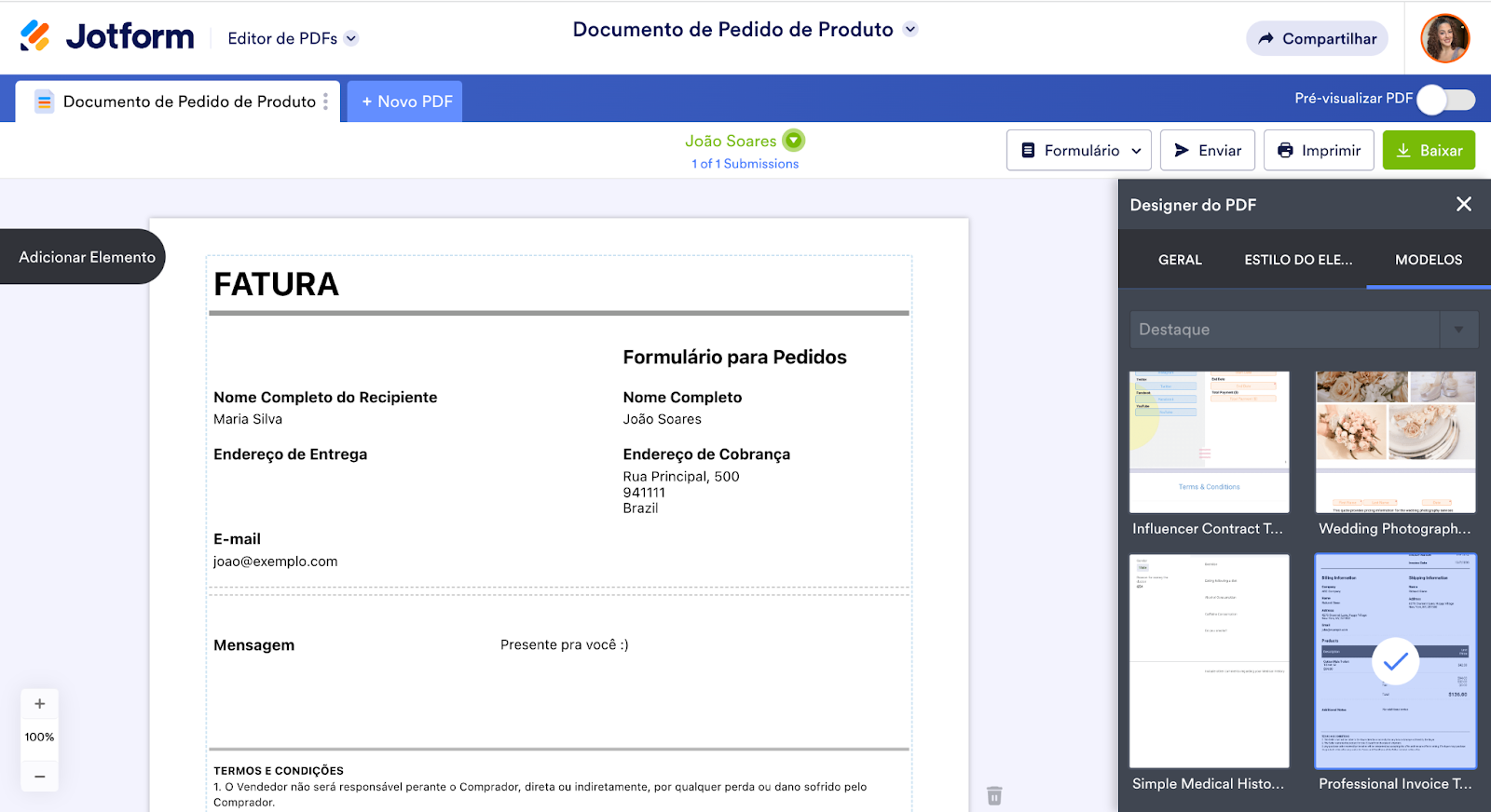 Formulário de Pedido de Produto no Editor de PDFs Jotform clicando em um modelo no Designer do PDF