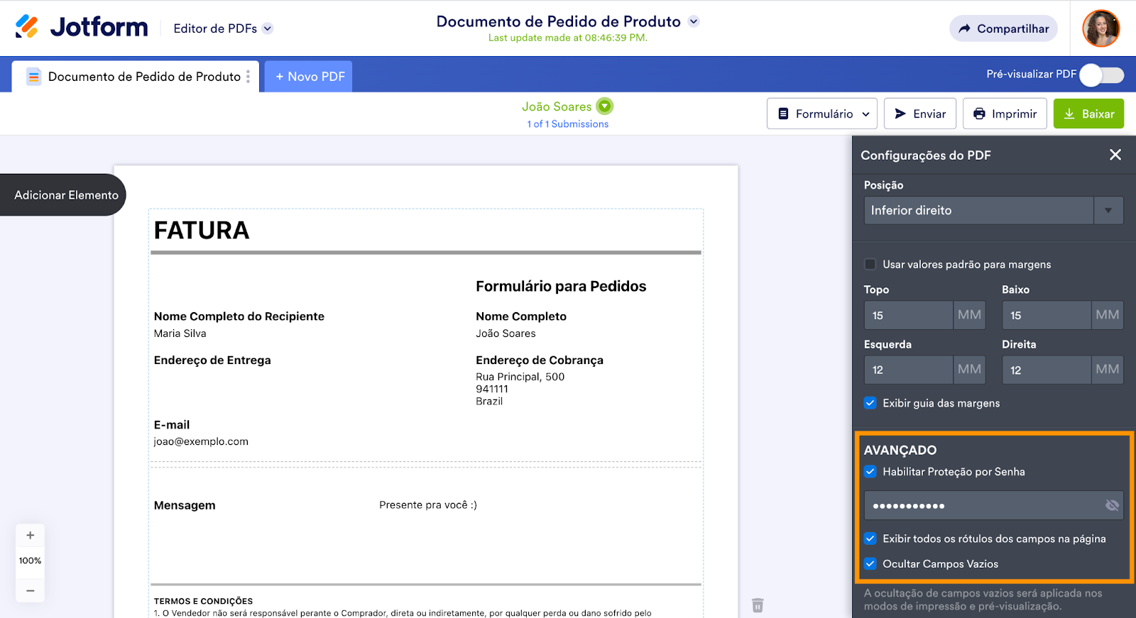 Recurso de Proteção por Senha do Editor de PDFs Jotform