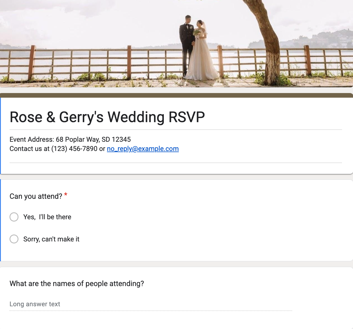 A wedding RSVP template in Google Forms