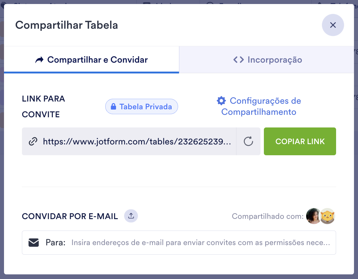 Captura de tela da janela Compartilhar Tabela