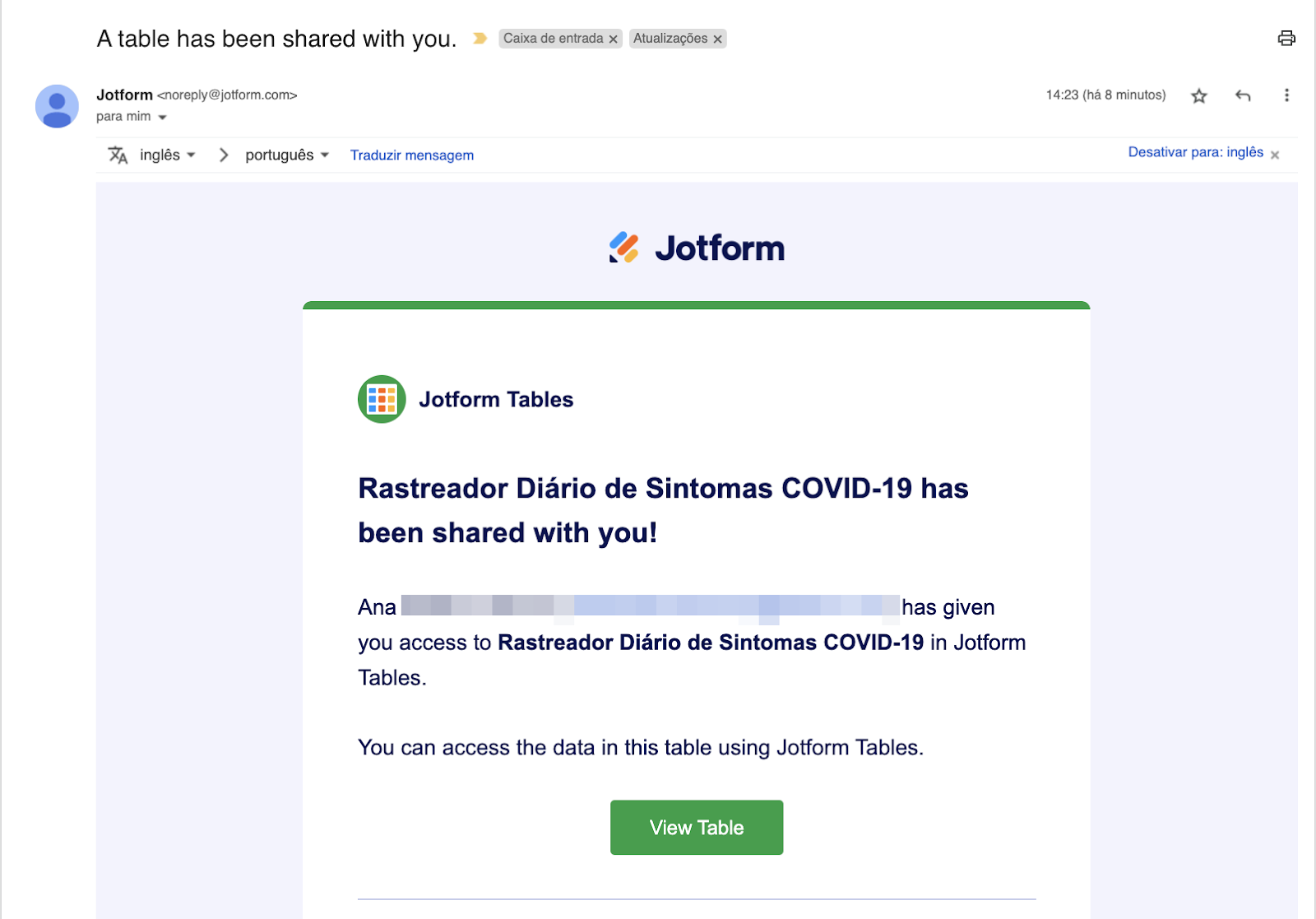 E-mail do Jotform Tabelas exibindo a mensagem "O Rastreador Diário de Sintomas COVID-19 foi compartilhado com você!"