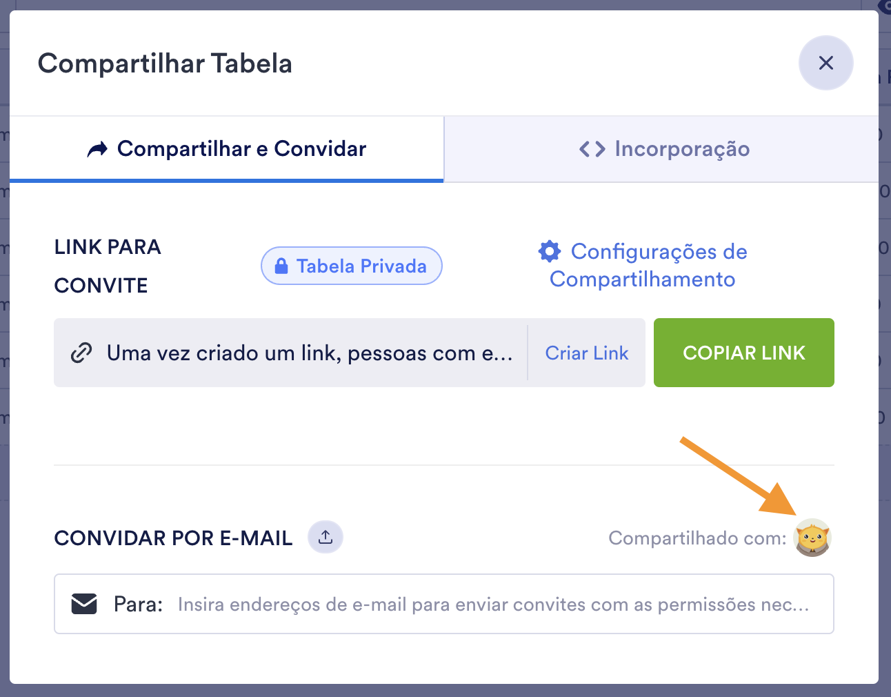 Imagem do Compartilhar Tabela mostrando quem tem acesso à Tabela
