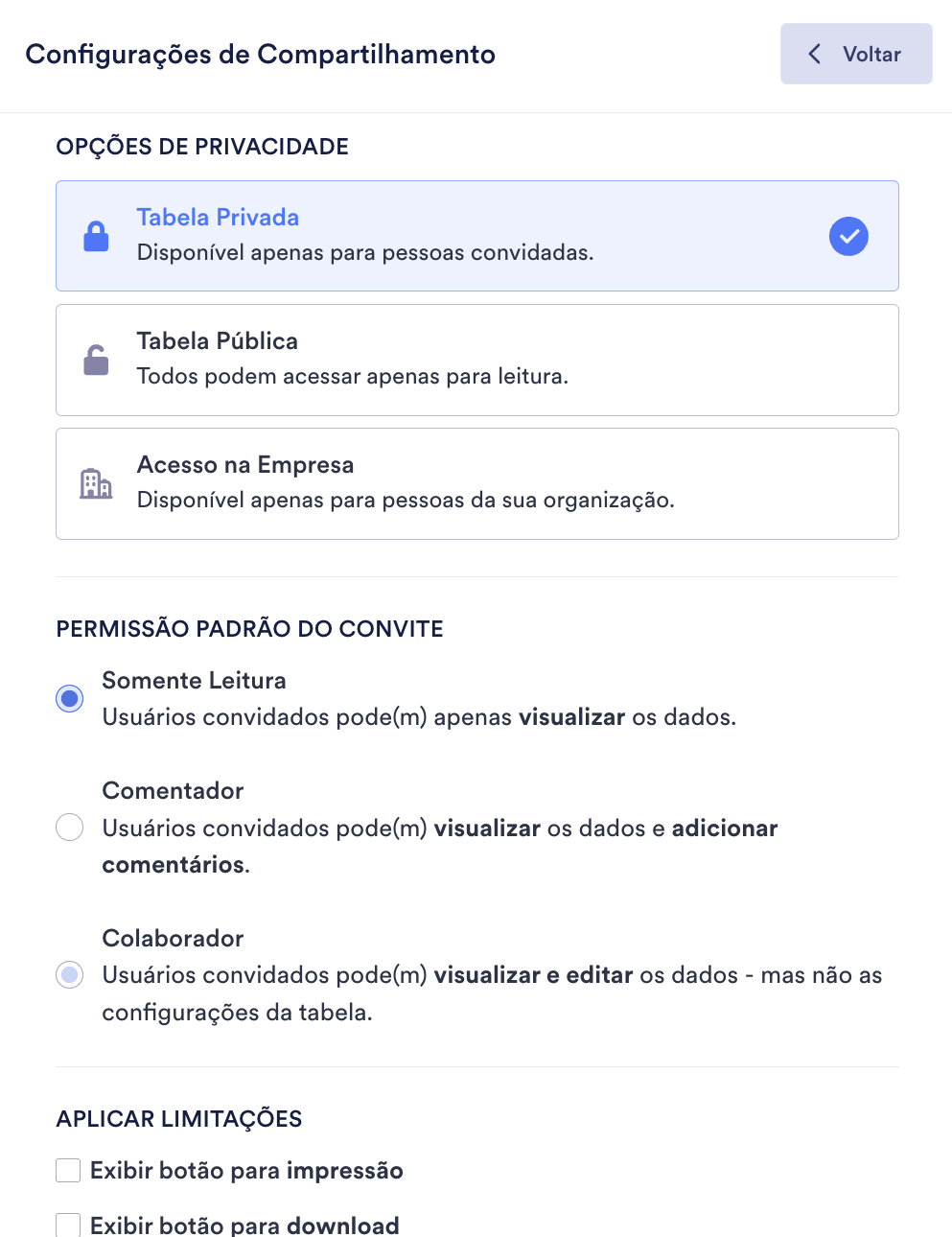 Captura de tela das Configurações de Compartilhamento