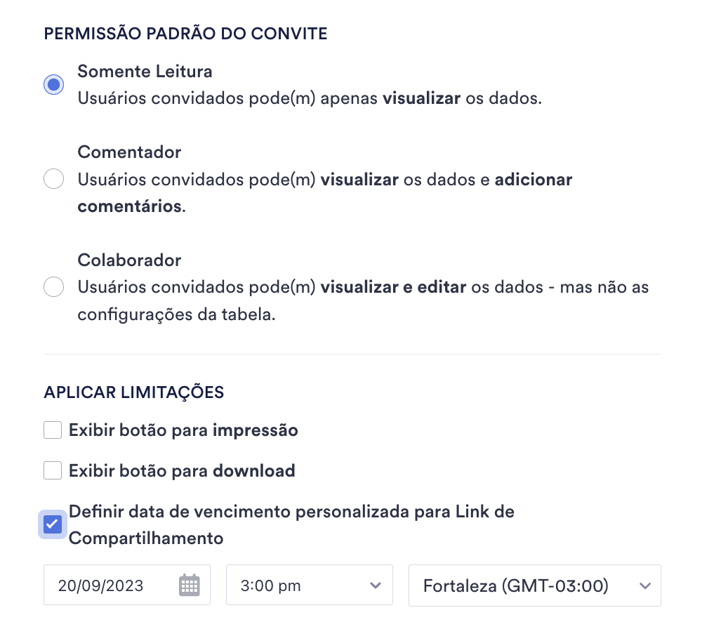 Captura de tela da página de Configurações de Compartilhamento visualizando Permissões e Limitações padrão do Link de Convite