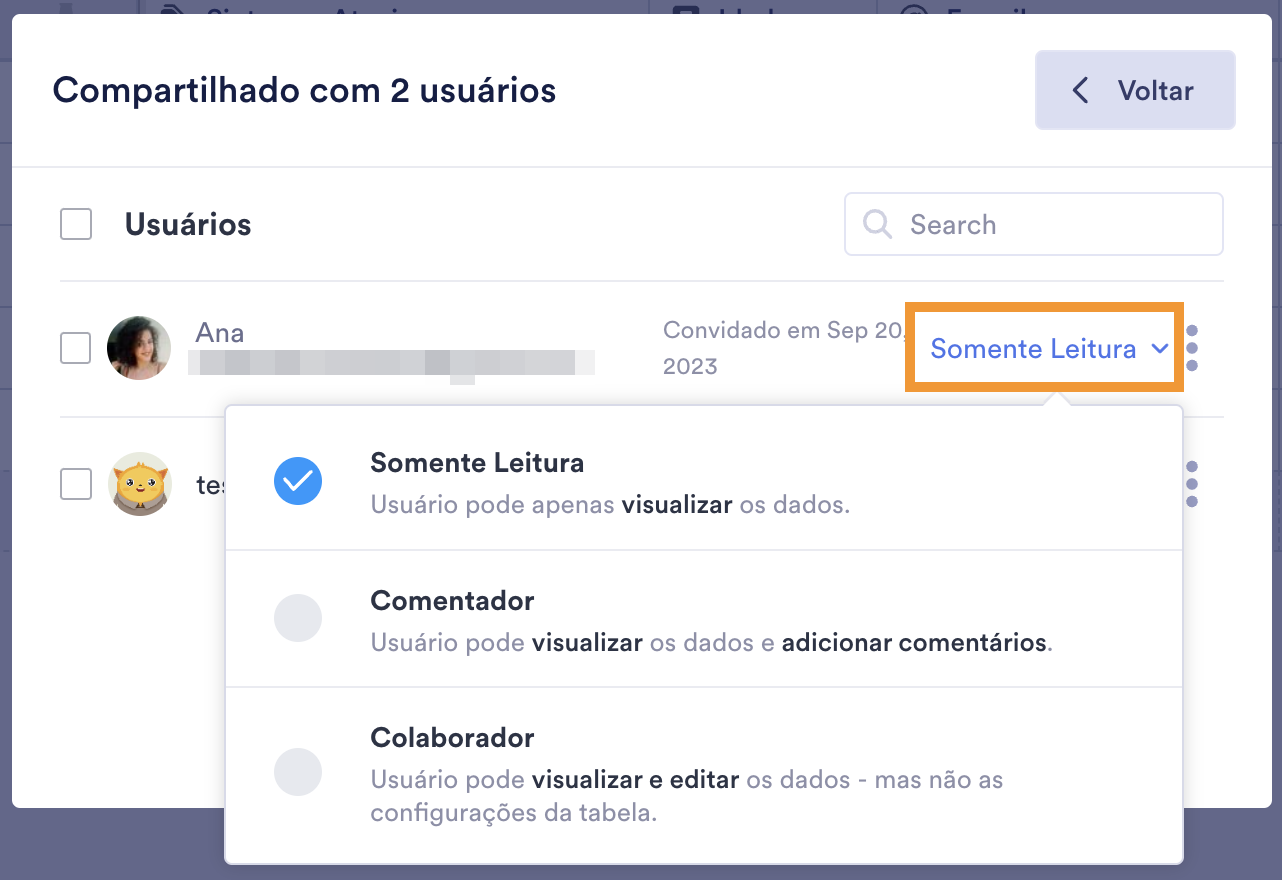Captura de tela da página Compartilhado com alterando as permissões de um usuário