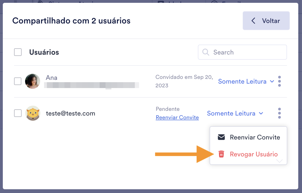 Captura de tela da página Compartilhado com clicando em Revogar Usuário