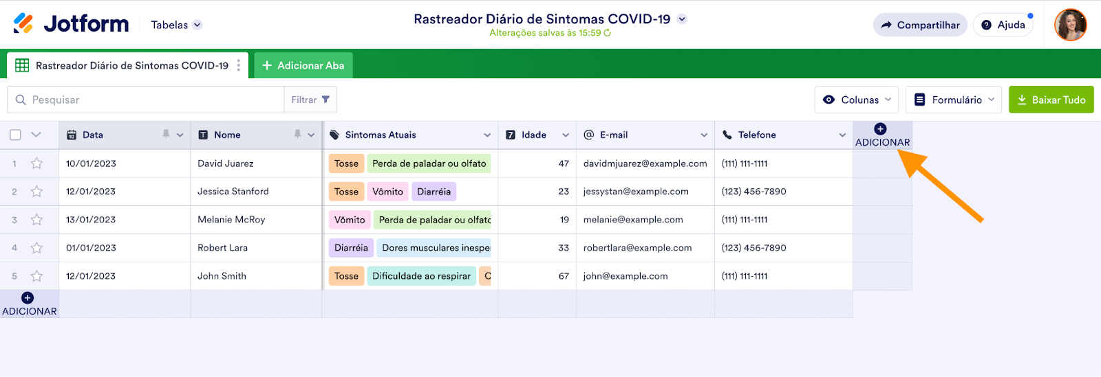 Captura de tela do Jotform Tabelas clicando em Adicionar Coluna