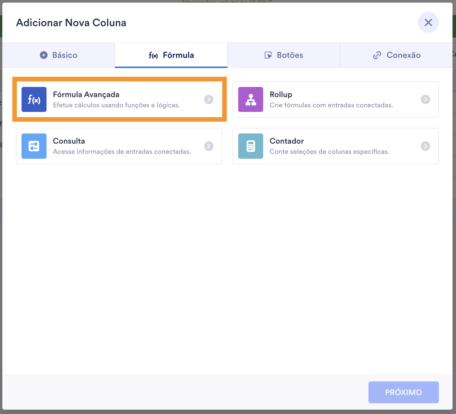 Adicionando uma nova coluna no Jotform Tabelas selecionando Fórmula Avançada
