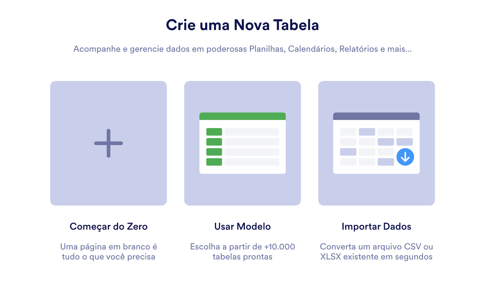 Imagem da página Crie uma Nova Tabela