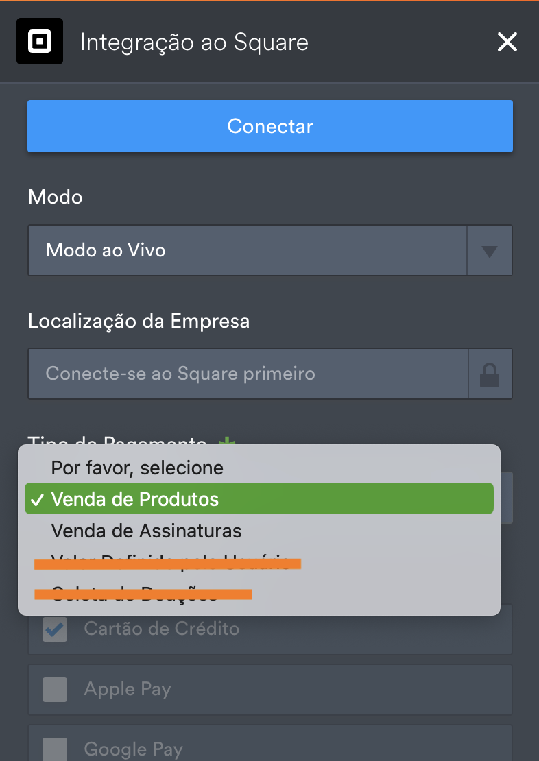 Configurações da Integração ao Square no Criador de Formulários Jotform
