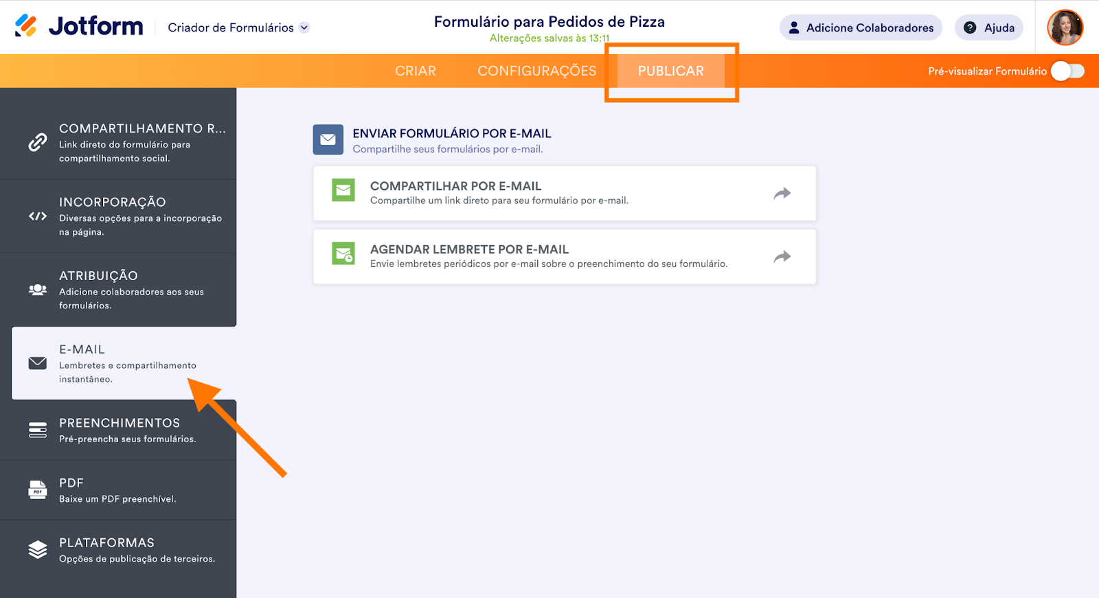 Captura de tela da guia Publicar clicando em E-mail