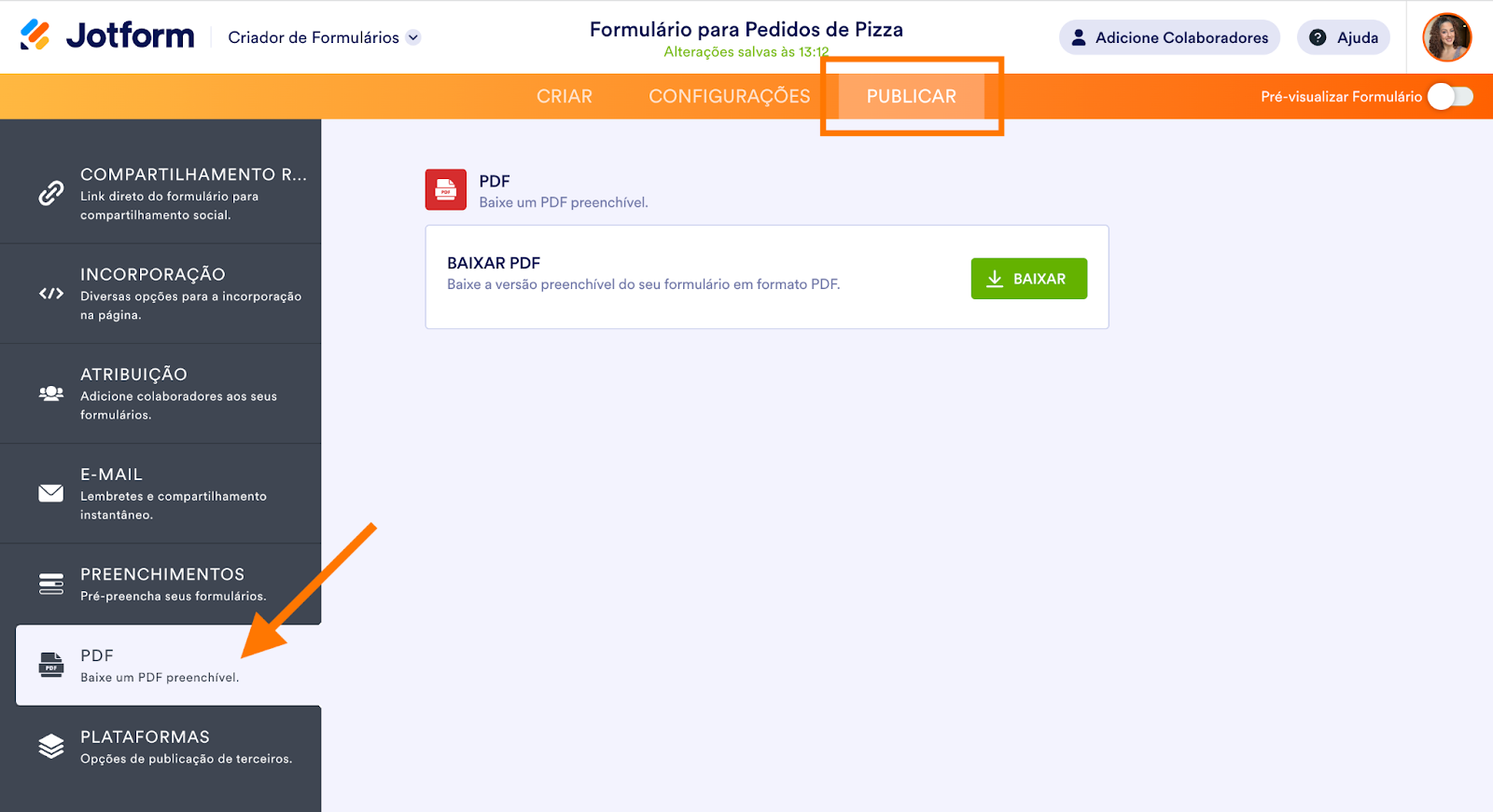 Captura de tela da seção PDF na guia Publicar para baixar a versão em PDF do formulário