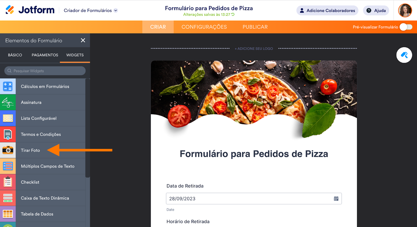 Captura de tela do widget Tirar Foto no Criador de Formulários