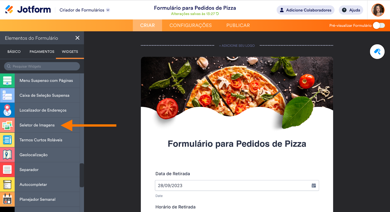 Captura de tela do widget Seletor de Imagens no Criador de Formulários