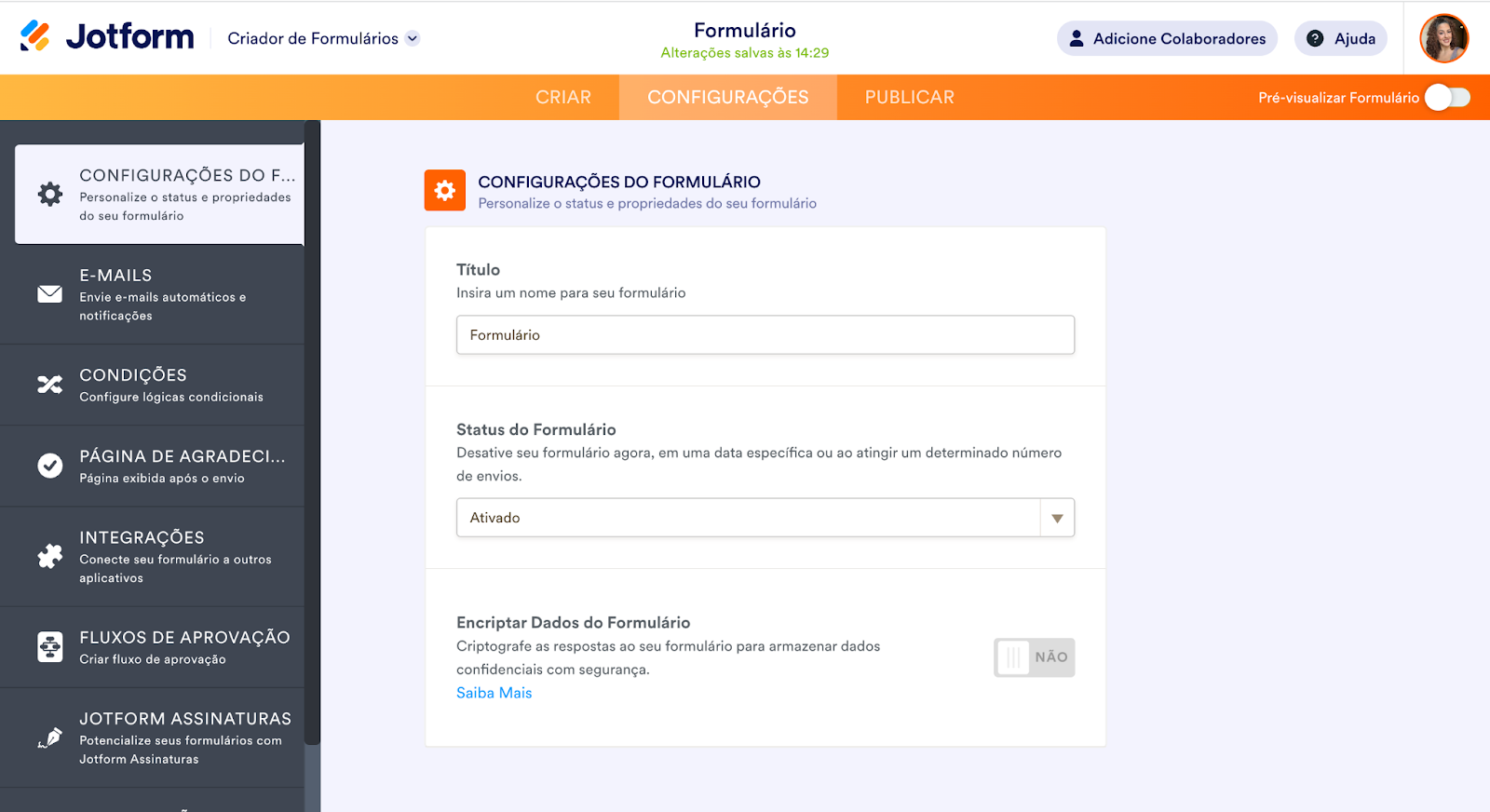 Configurações do Criador de Formulários
