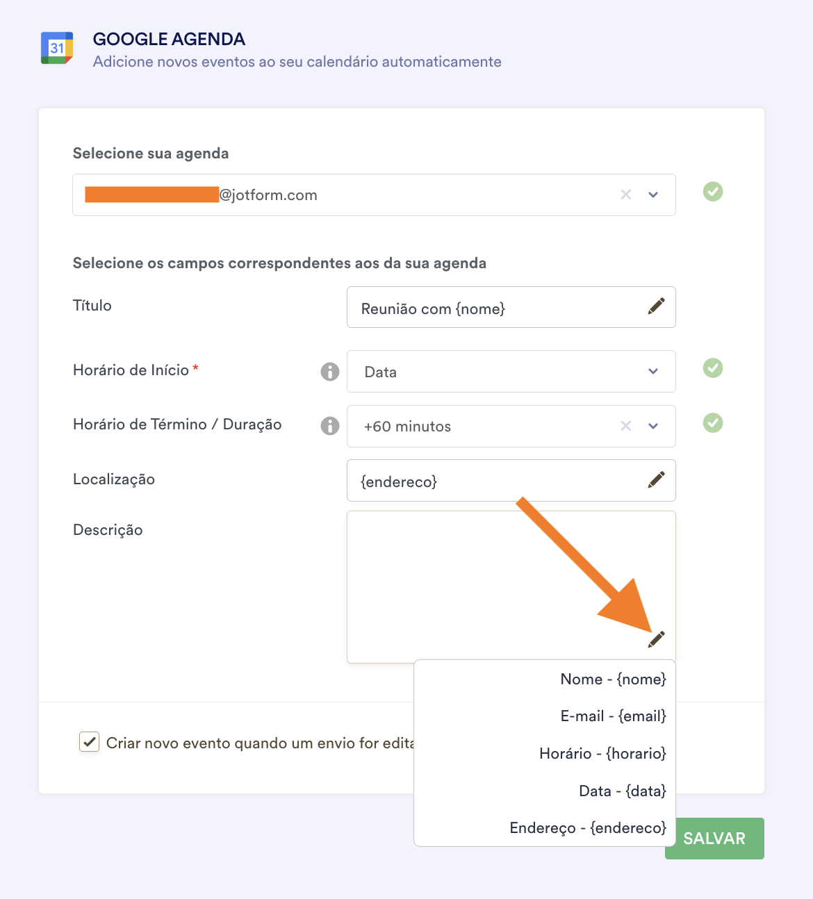 Painel da integração ao Google Agenda