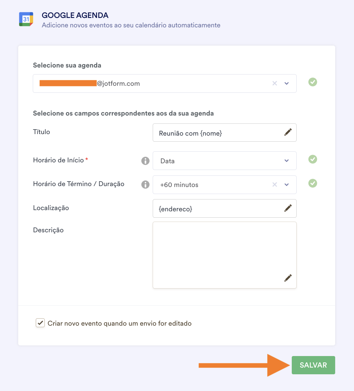 Configurações da integração ao Google Agenda