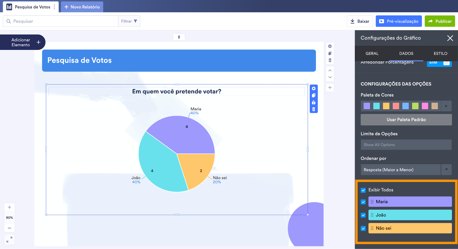 Destacando o recurso de Ordenação no Criador de Relatórios Jotform