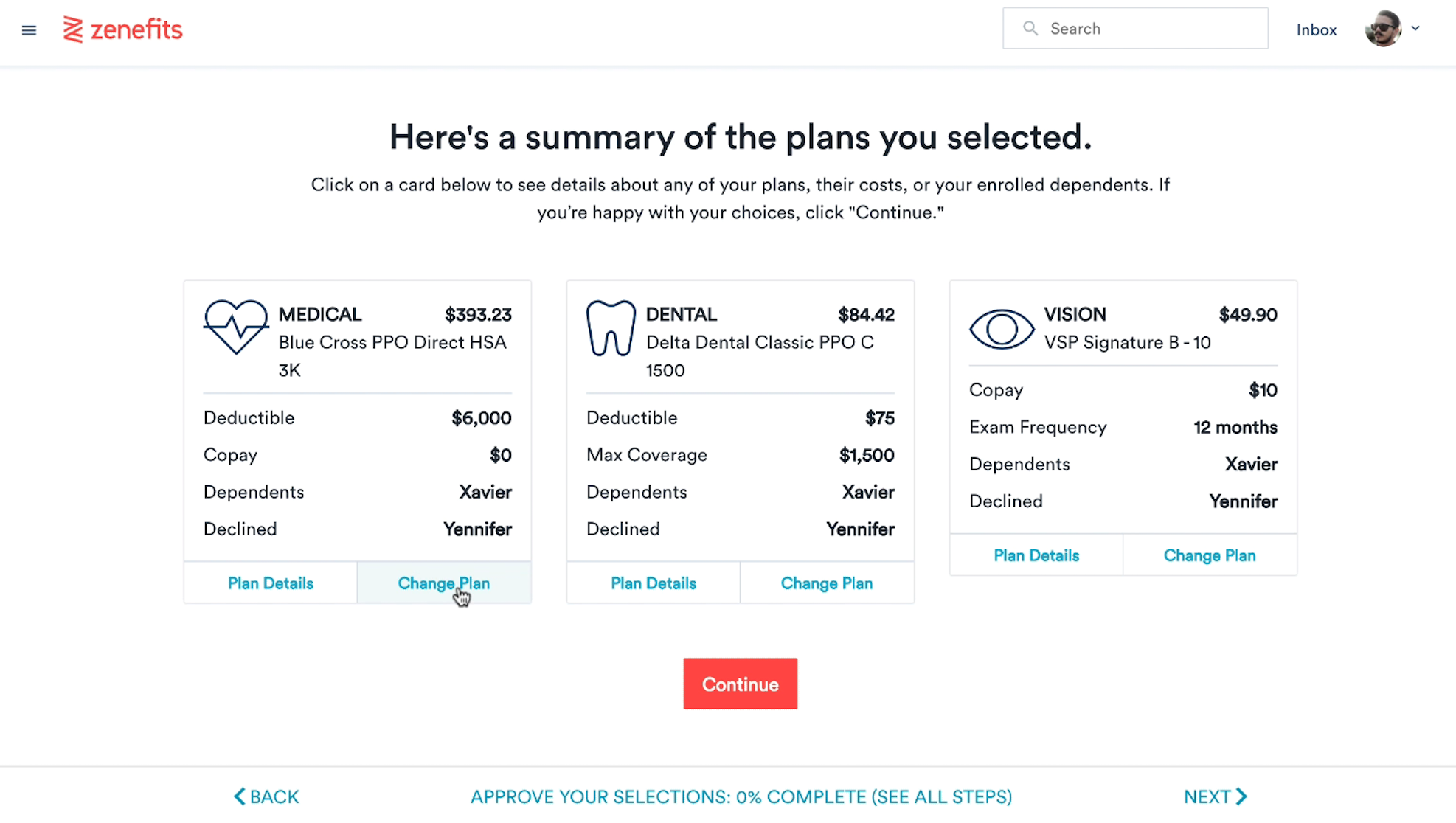 User Interface of Zenefits