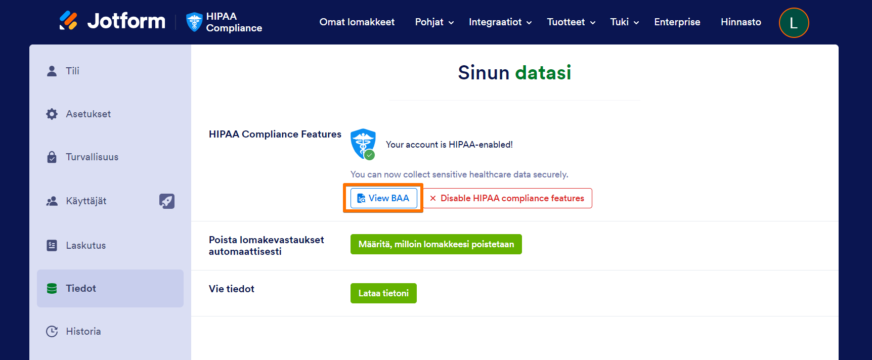 Miten saan BAA:n HIPAA-käyttäjätililleni? Image-2