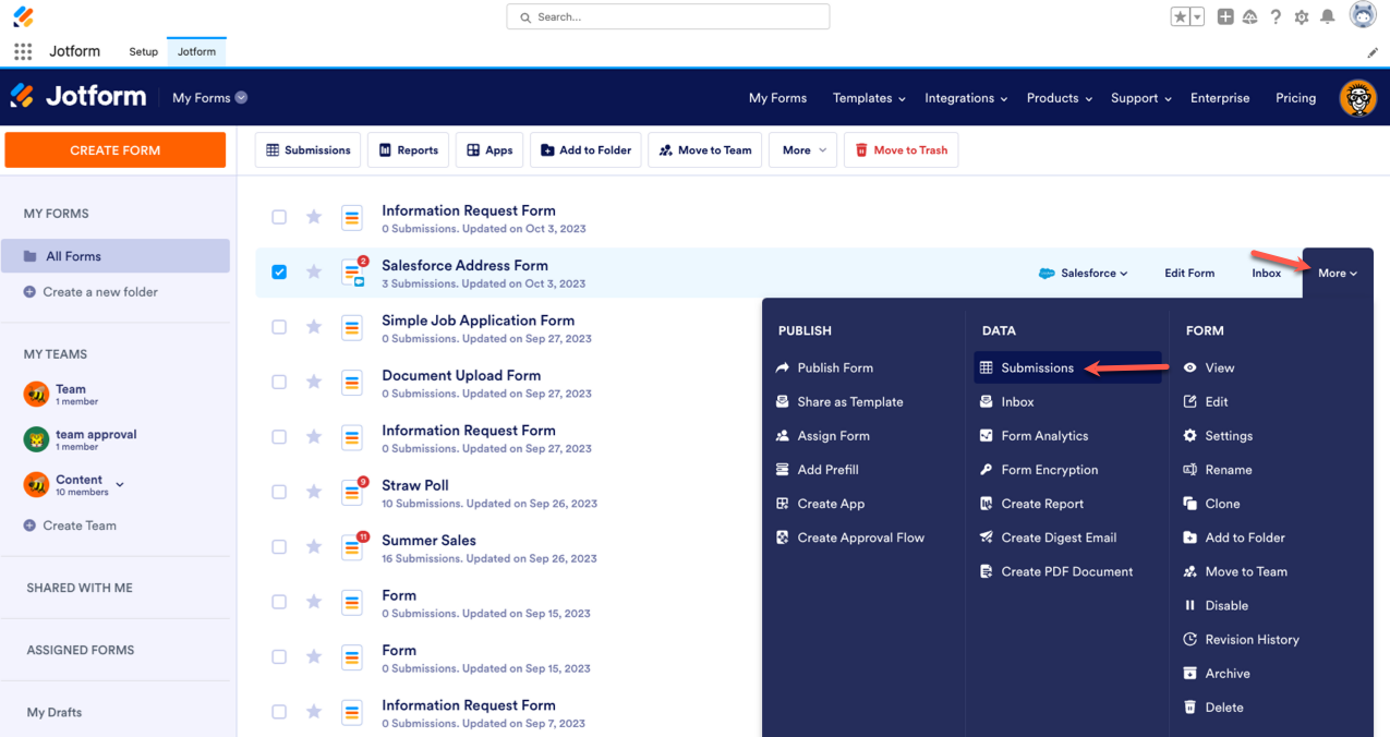 My Forms Dashboard in Jotform for Salesforce Clicking on More Dropdown and then Submissions