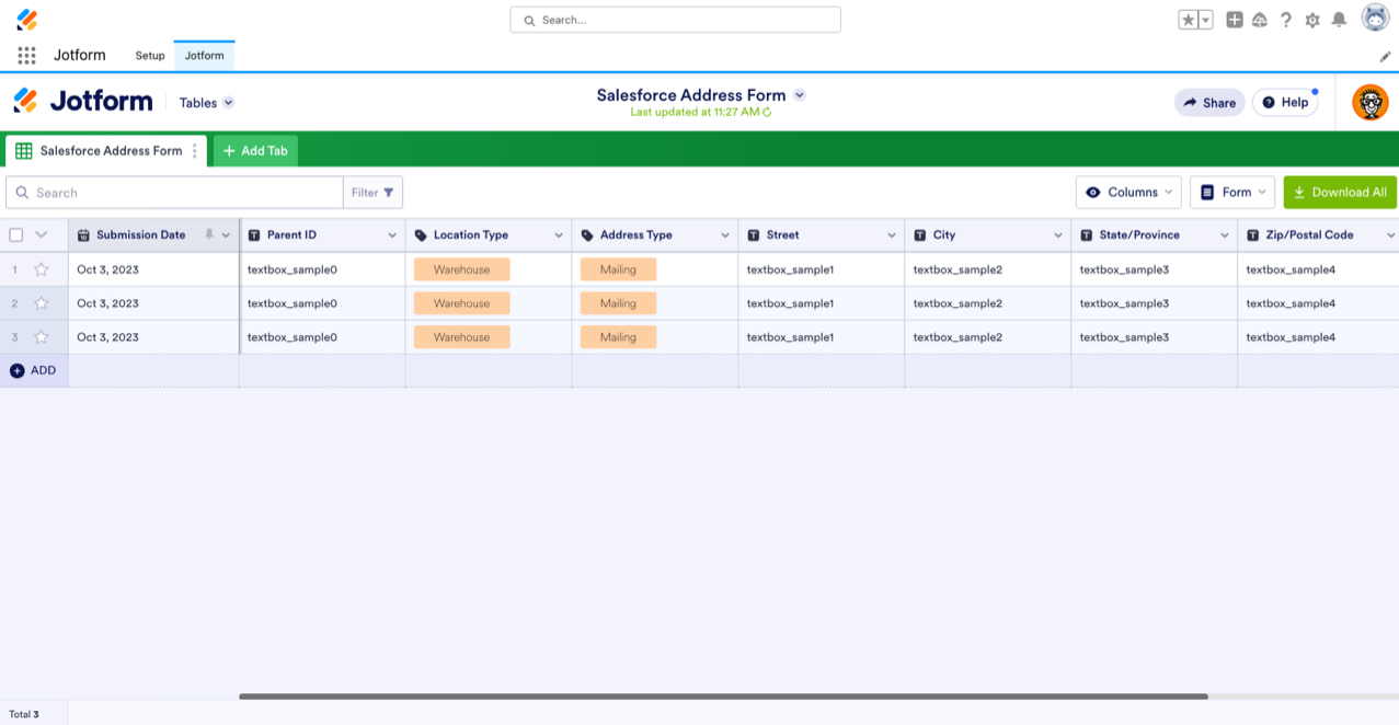 Salesforce Address Form in Jotform Tables