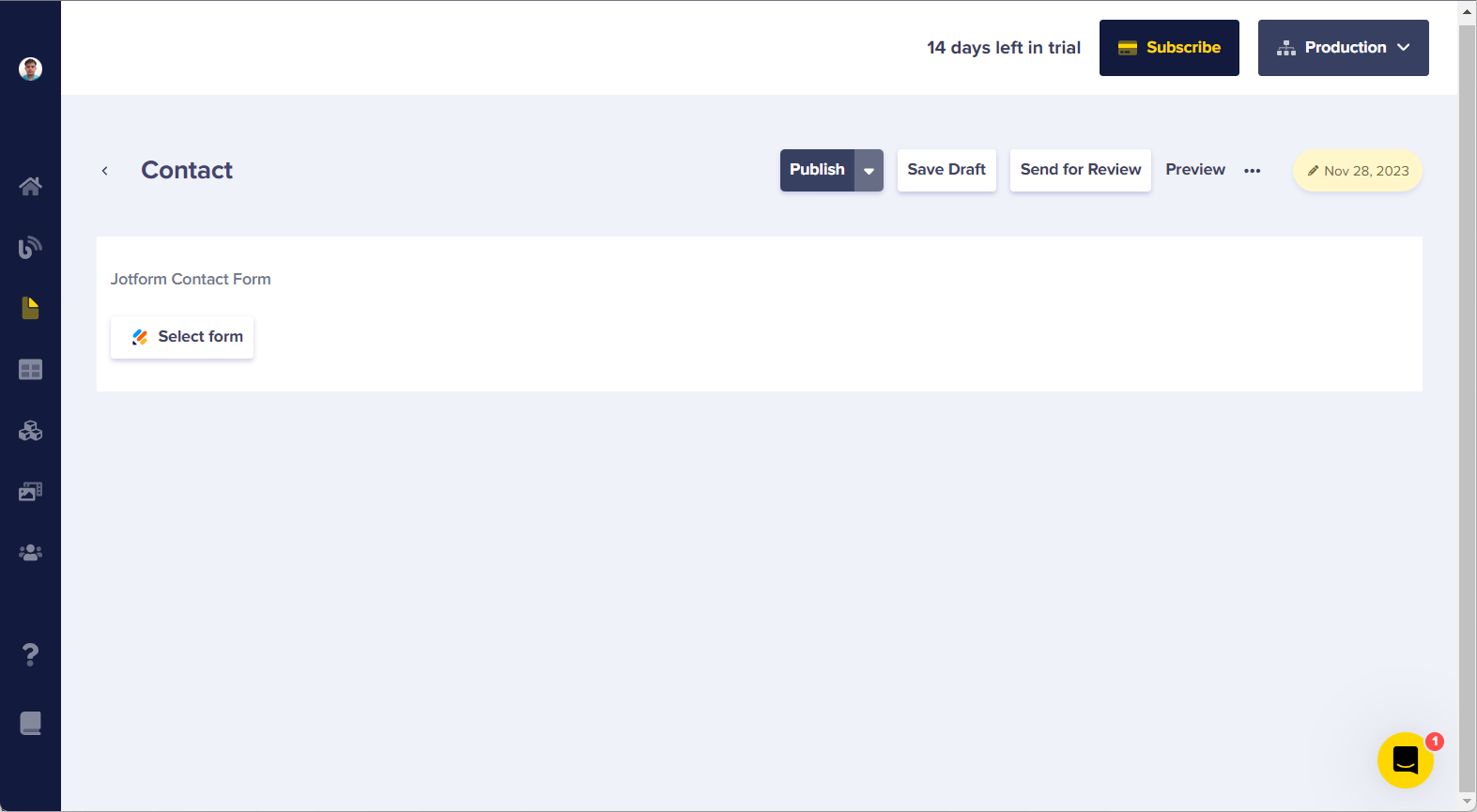 Select form button on a Jotform block added on a newly created page with ButterCMS