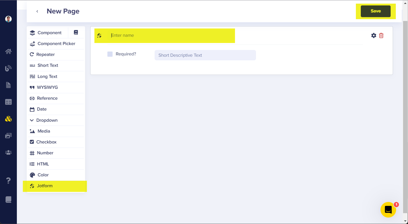 Add Jotform element in a new page created in ButterCMS