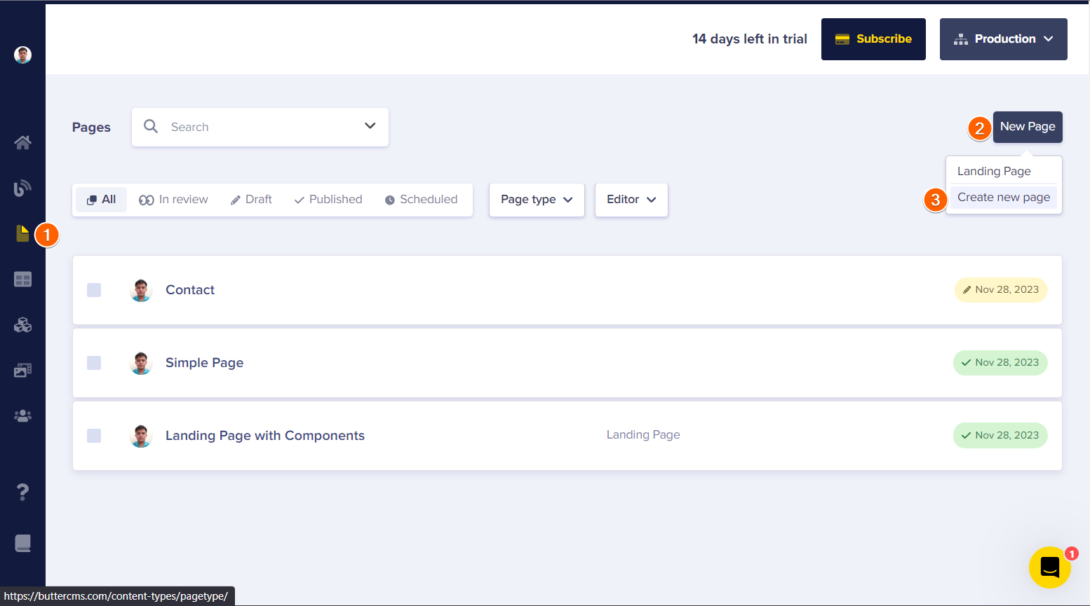 Create new page option in ButterCMS