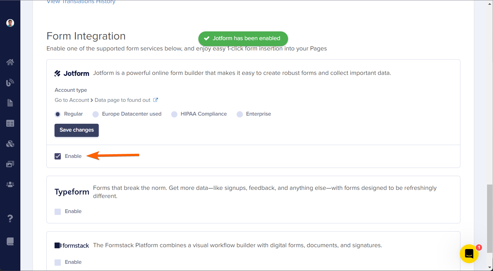 Enable checkbox in Jotform Form Integration section of ButterCMS