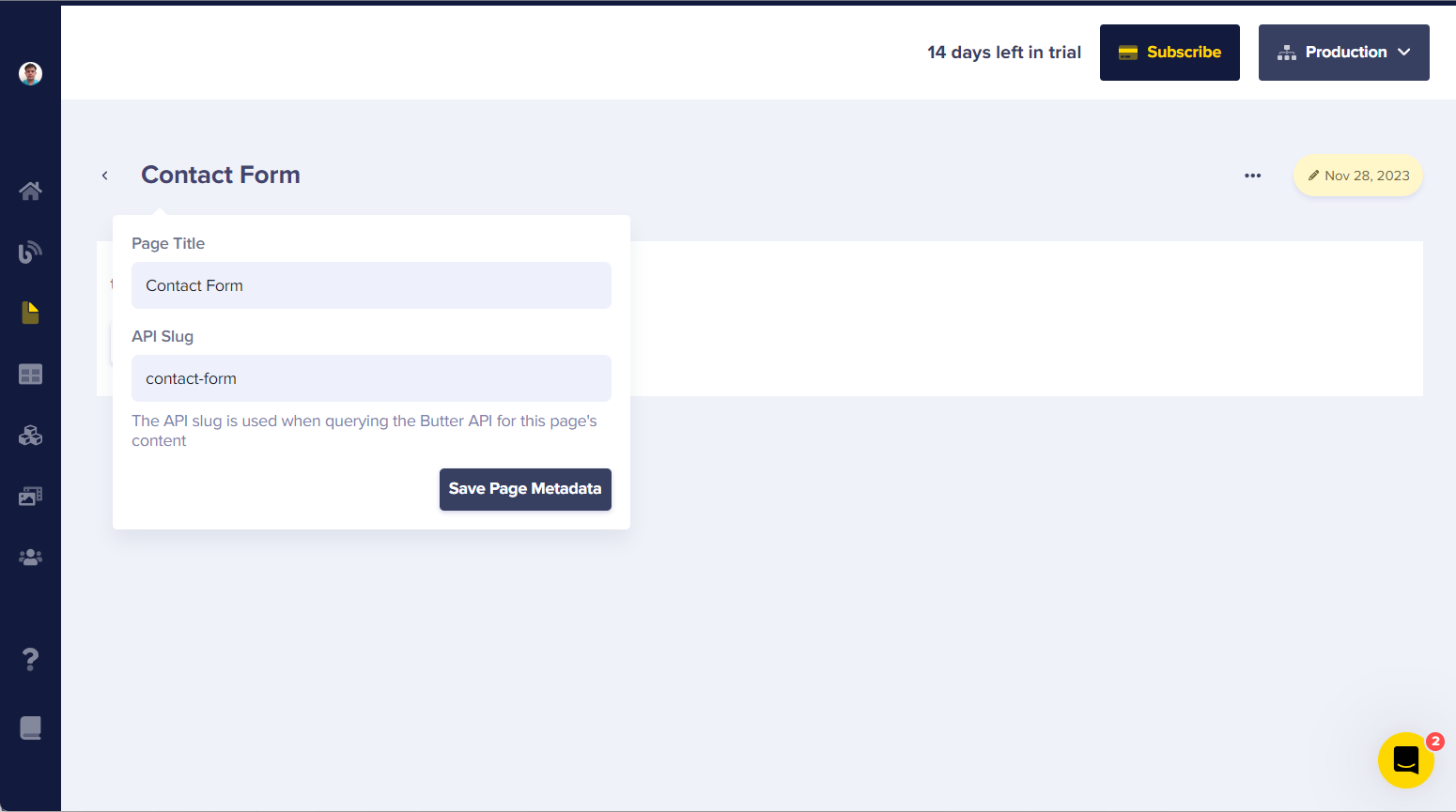 Metadata boxes when creating a new page in ButterCMS