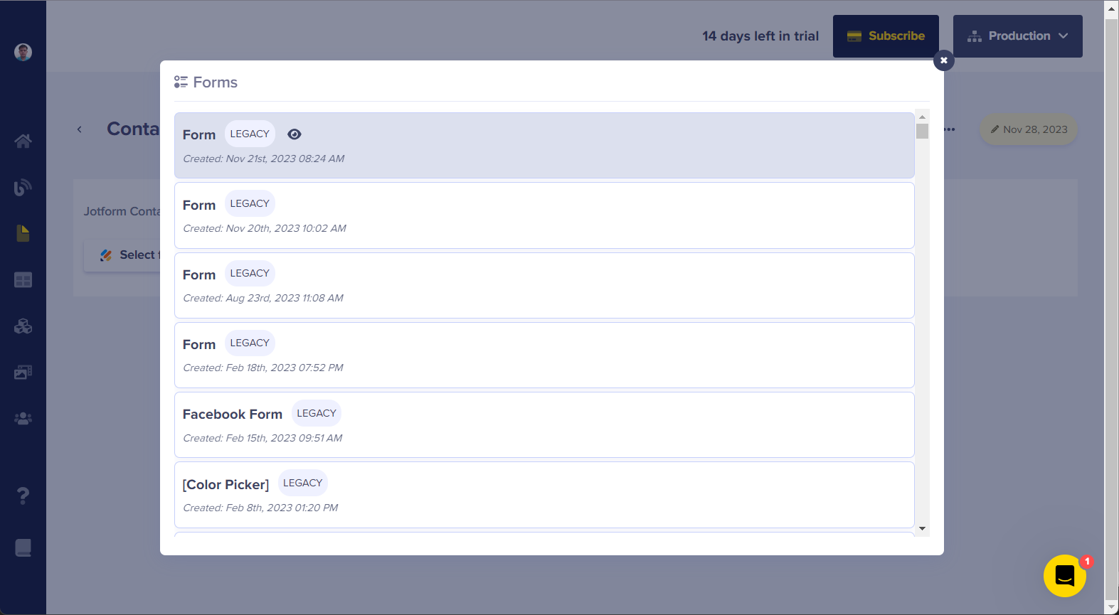 Form selection on a Jotform block added on a new ButterCMS page