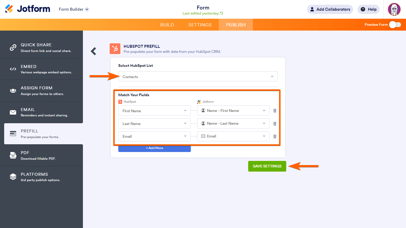 La página de configuración de Prellenado de HubSpot en el Creador de Formularios de Jotform