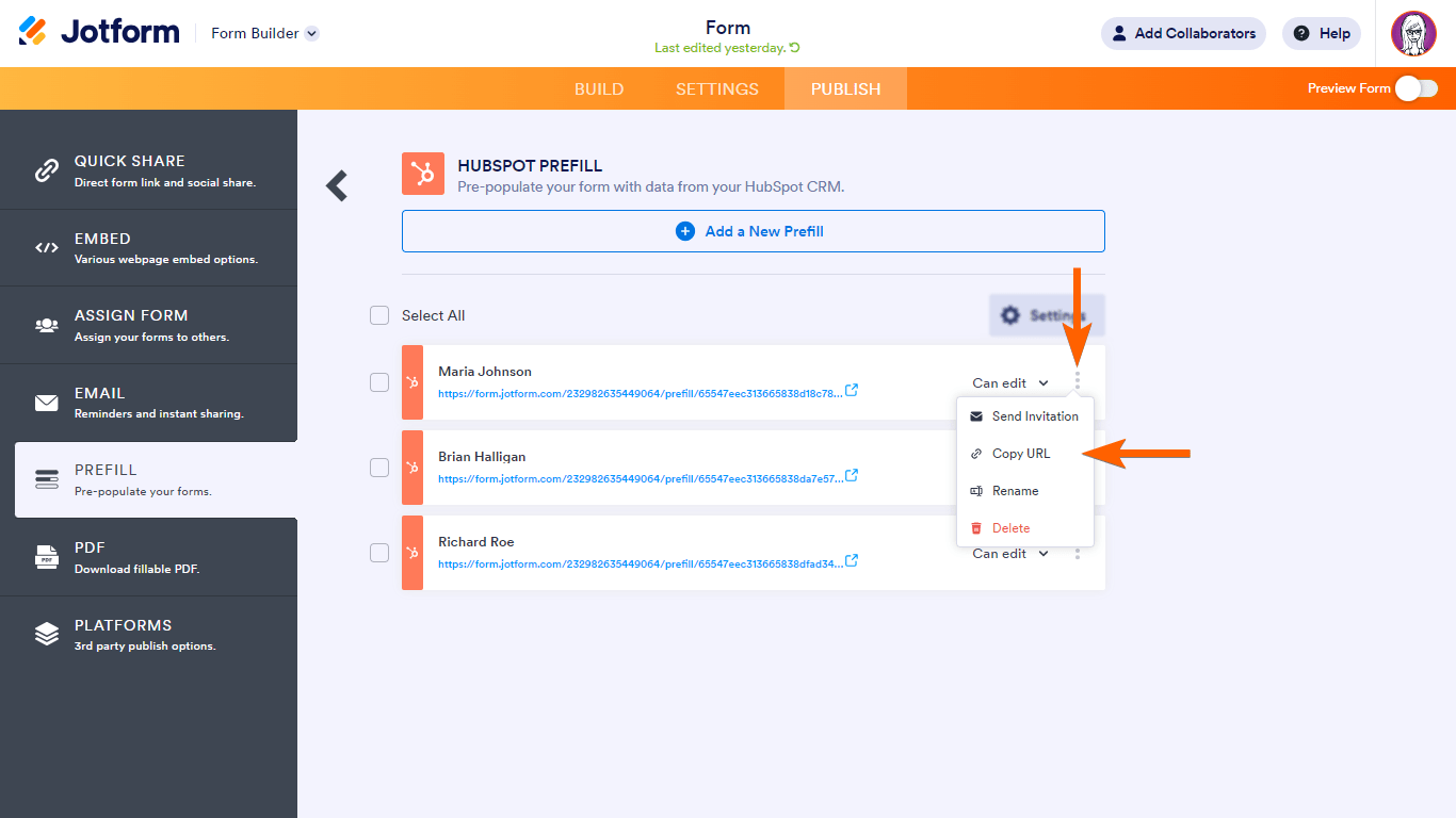 El menú de entrada de prellenado de HubSpot en el Creador de Formularios de Jotform