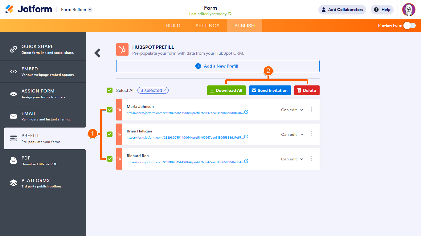 Las opciones para los elementos seleccionados en el Prellenado de HubSpot del Creador de Formularios de Jotform