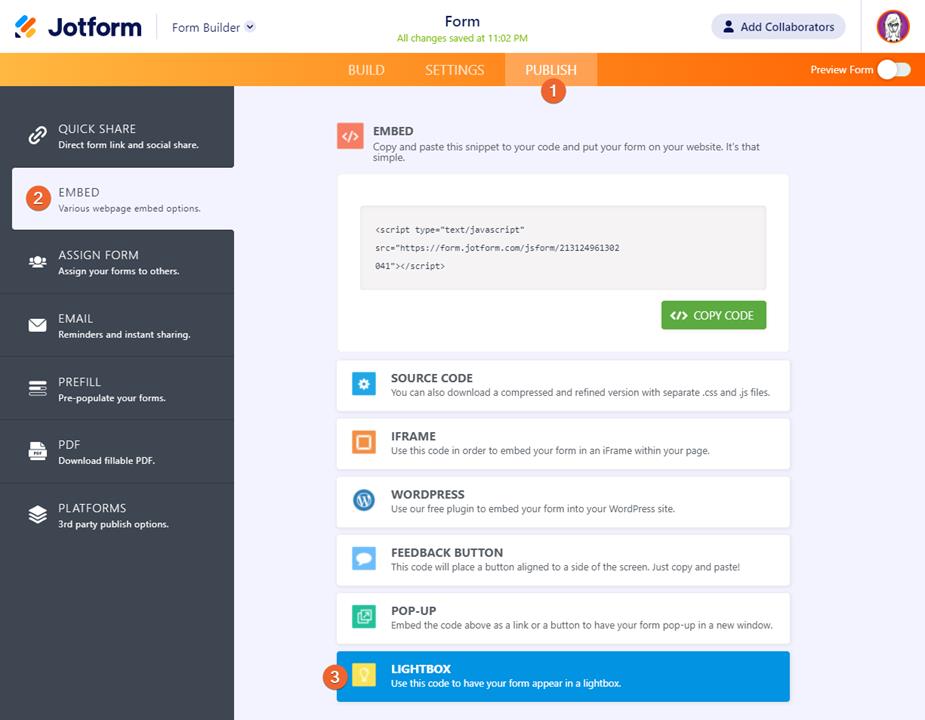 Publish Tab in the Jotform Form Builder Clicking on the Embed Tab and then Lightbox