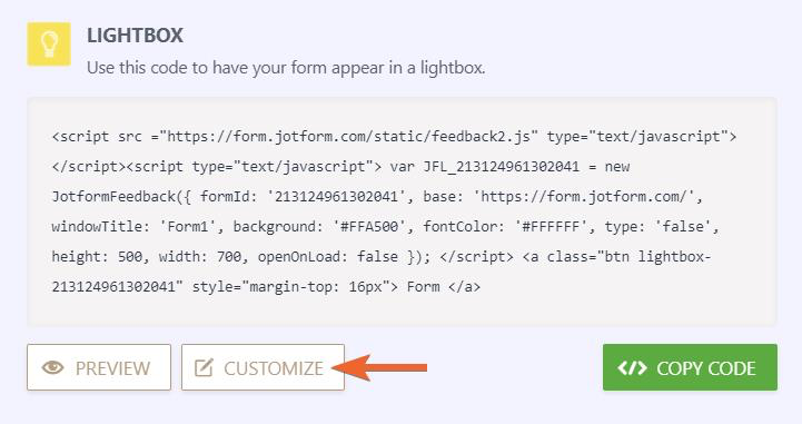 Clicking on Customize in the Lightbox  Option 