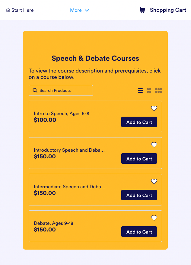 Speech and Debate Courses Page on Jotform Store Builder