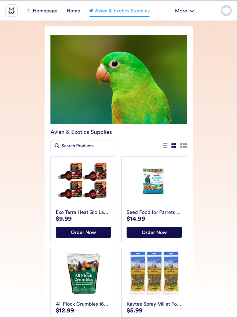 Avian and Exotics Supplies Page on Jotform Store Builder