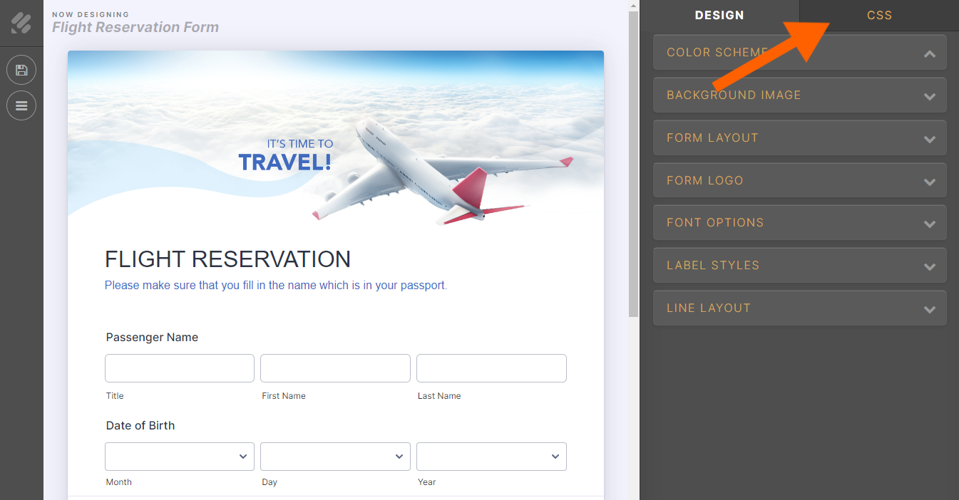 Clicking on the CSS Tab in Advanced Form Designer