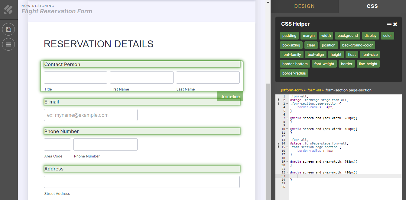 CSS Helper Showing the Form Fields