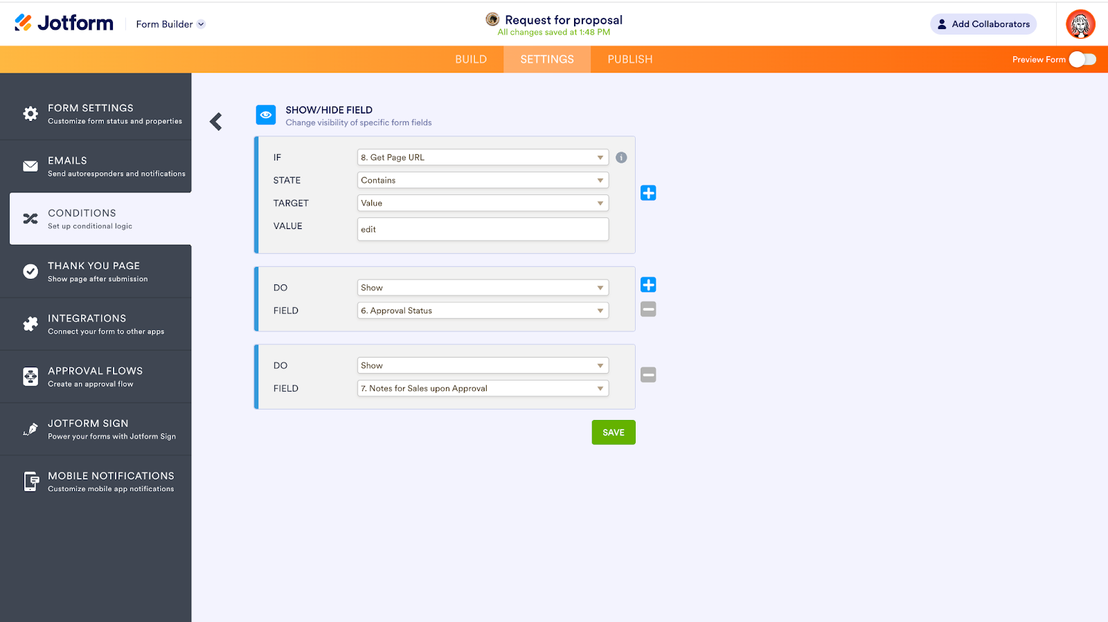 Selecting the Show/Hide Field Option in the Conditions Tab