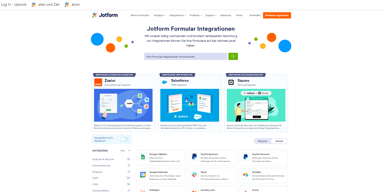 Screenshot der Zahlungsanbieter-Integrationen