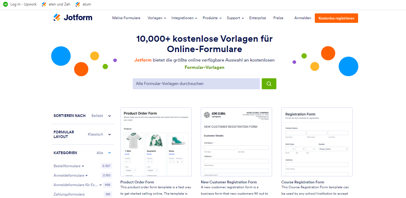 Screenshot der Seite für Formularvorlagen
