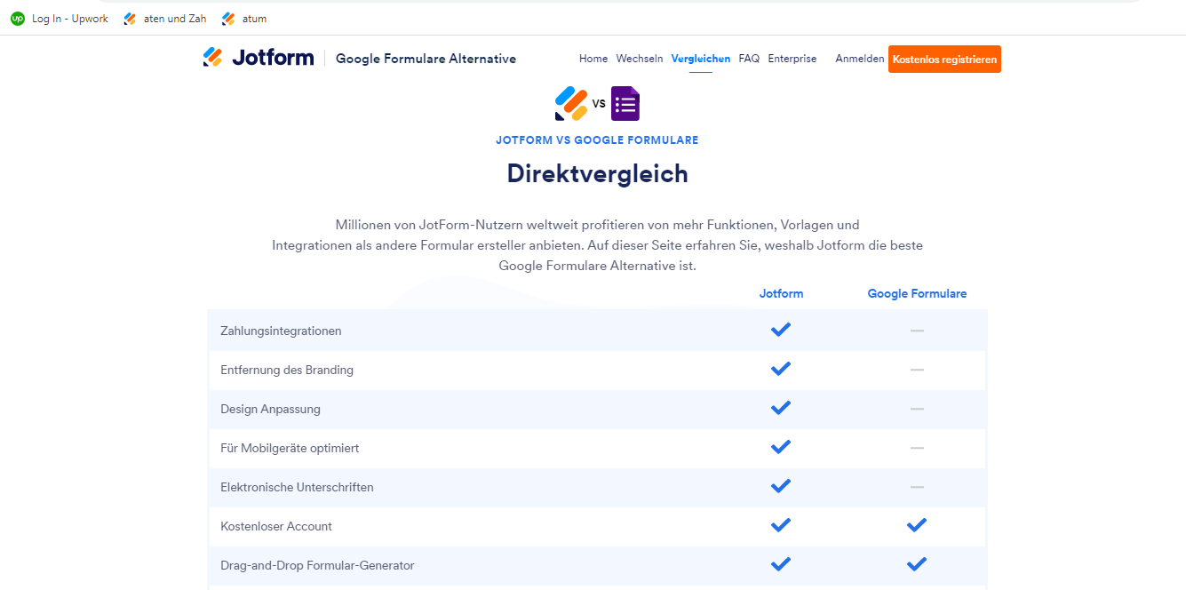 Screenshot der Vergleichstabelle Jotform vs Google Formulare