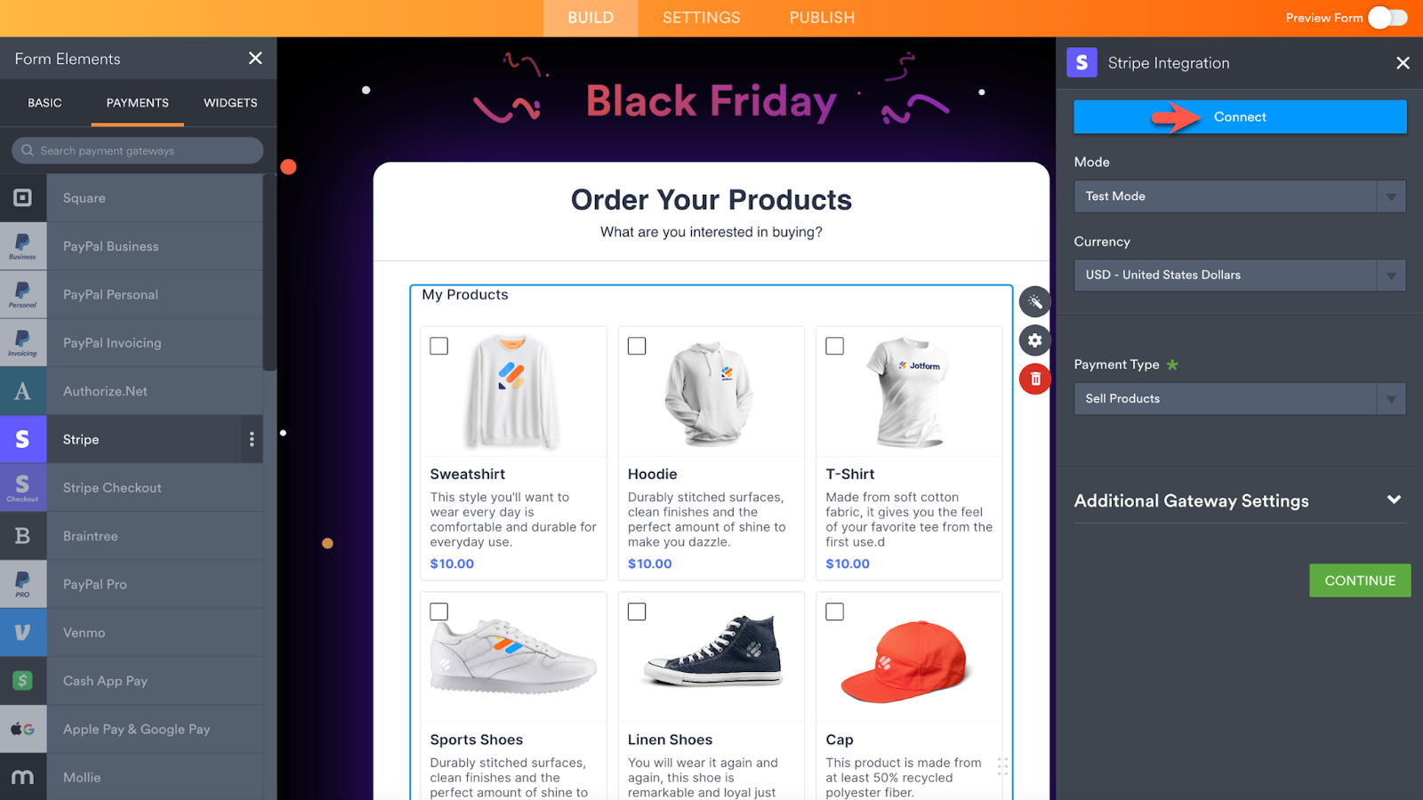 Clicking on the Connect Button in the Stripe Integration Within the Jotform Form Builder