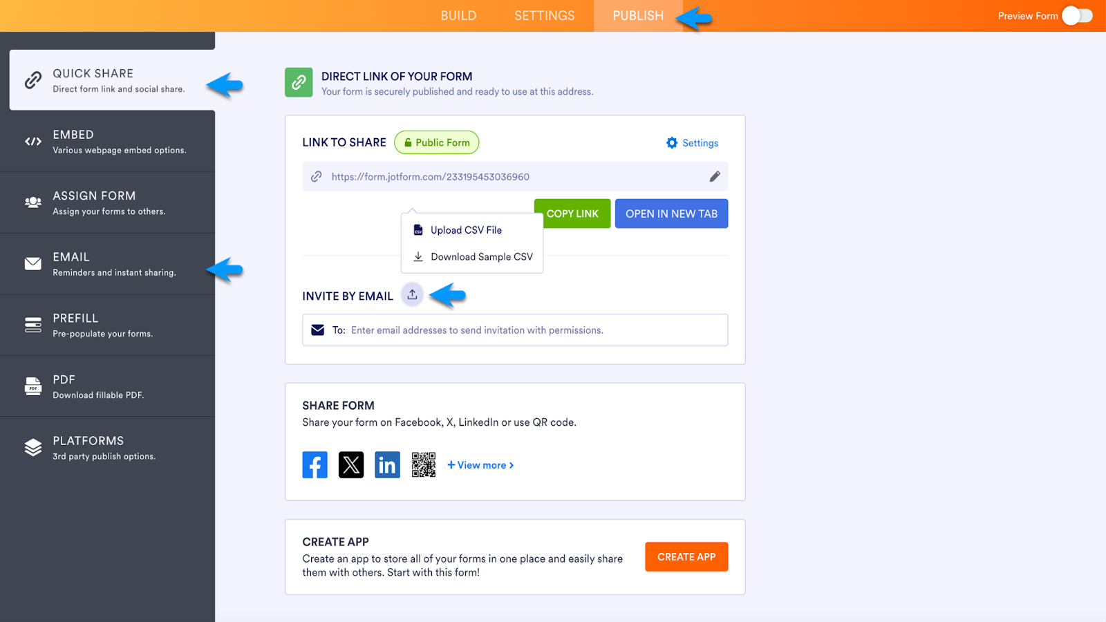 Clicking on Quick Share and then Email Tabs Under the Publish Tab