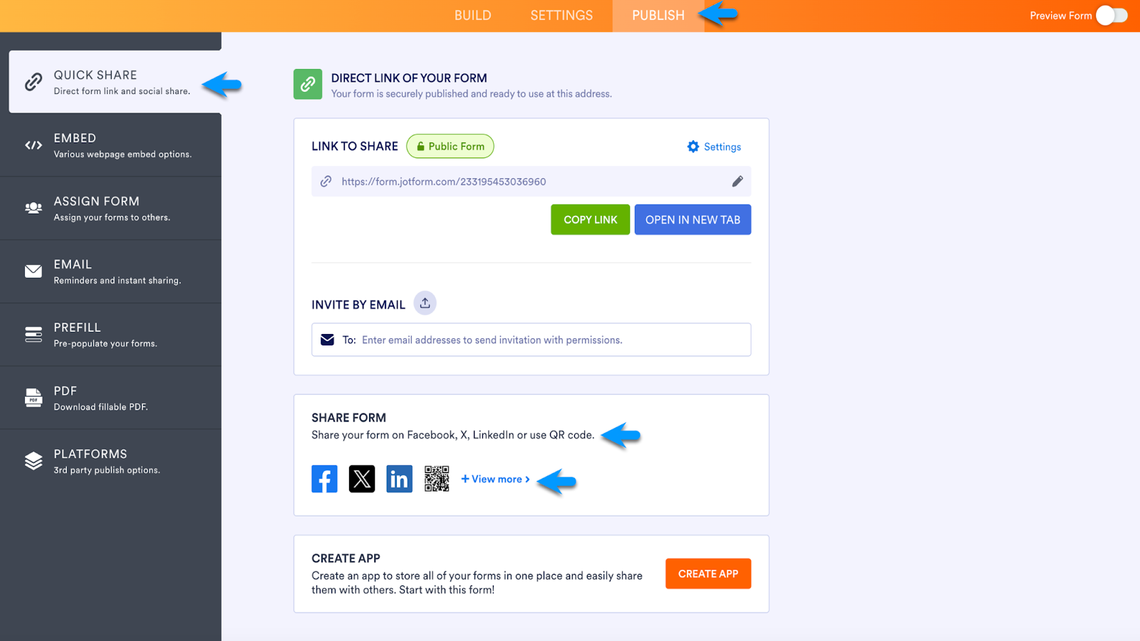 Clicking on Quick Share Menu and View Share Form Options Under the Publish Tab
