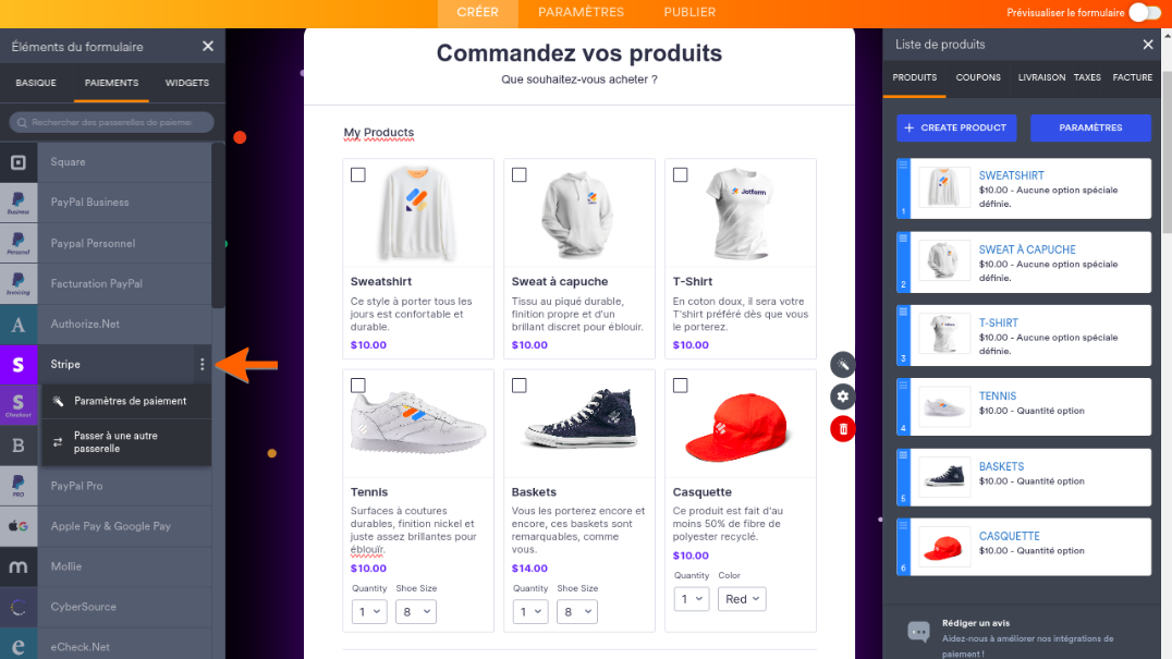 En cliquant sur Stripe et Paramètres de paiement dans le générateur de formulaire Jotform