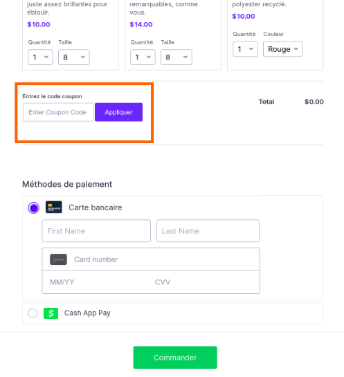 Entrez le champ Coupon dans la section Formulaire de commande de produits du formulaire
